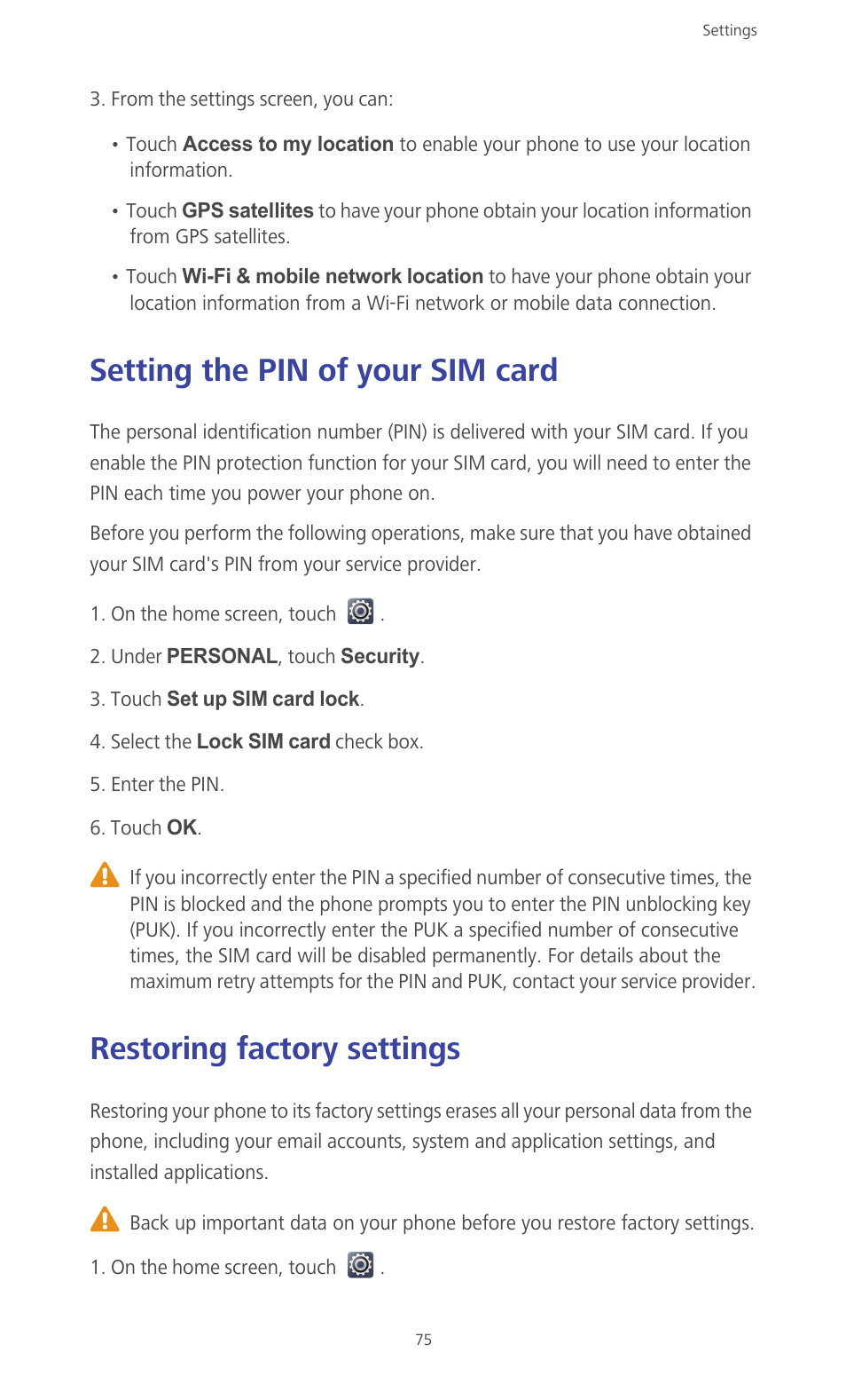 Setting the pin of your sim card, Restoring factory settings | Huawei Ascend G610-U15 User Manual | Page 80 / 94