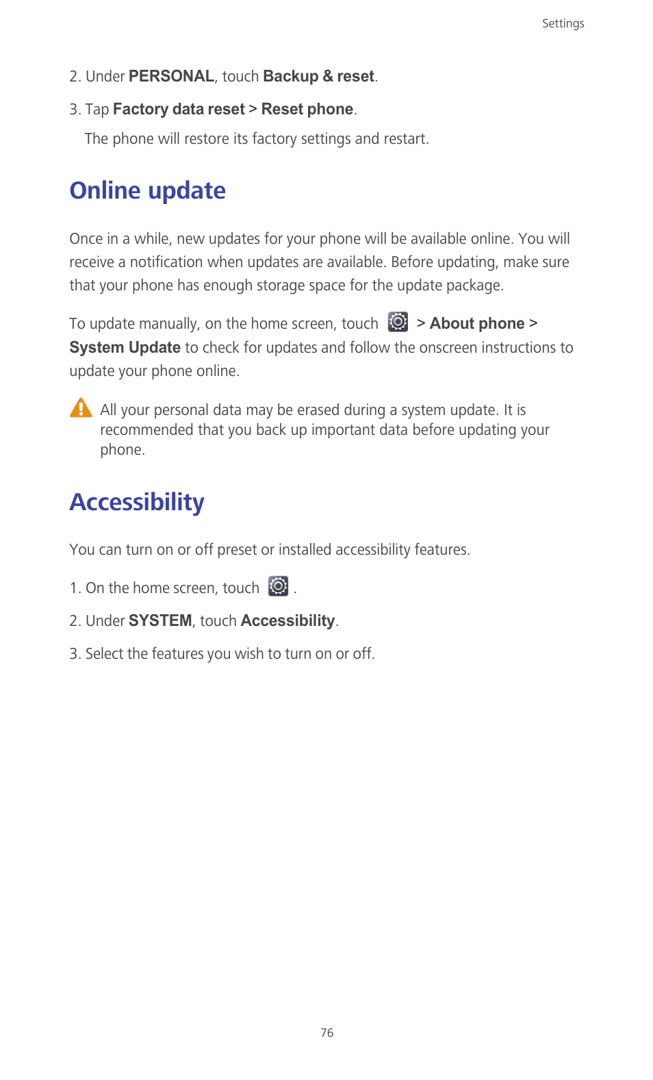 Online update, Accessibility, Online update accessibility | Huawei Ascend G610-U15 User Manual | Page 81 / 94