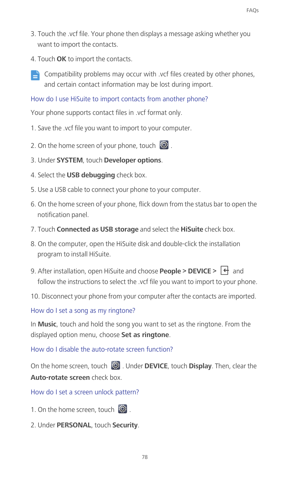 How do i set a song as my ringtone, How do i disable the auto-rotate screen function, How do i set a screen unlock pattern | Huawei Ascend G610-U15 User Manual | Page 83 / 94