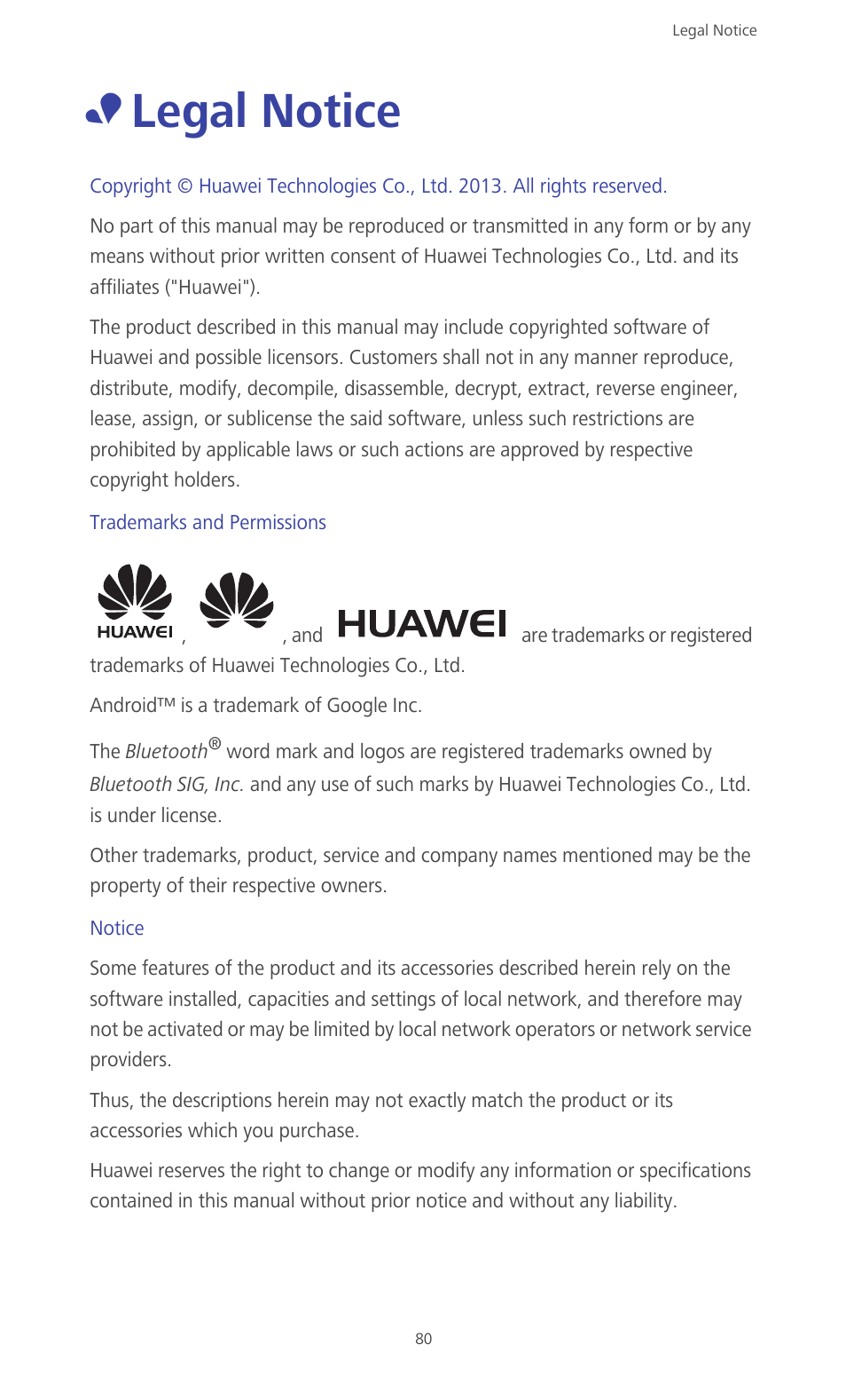 Legal notice, Trademarks and permissions, Notice | Huawei Ascend G610-U15 User Manual | Page 85 / 94