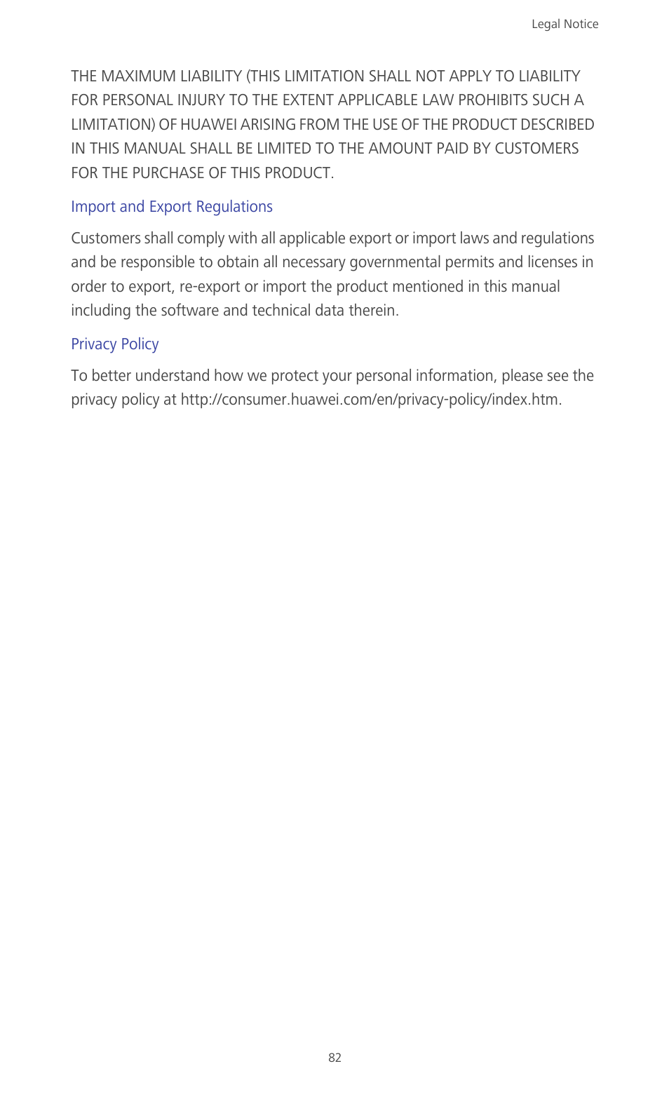 Import and export regulations, Privacy policy | Huawei Ascend G610-U15 User Manual | Page 87 / 94