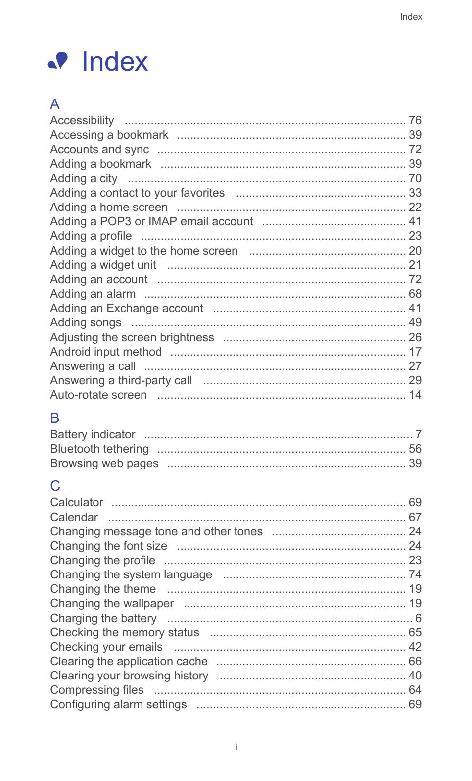 Index | Huawei Ascend G610-U15 User Manual | Page 88 / 94