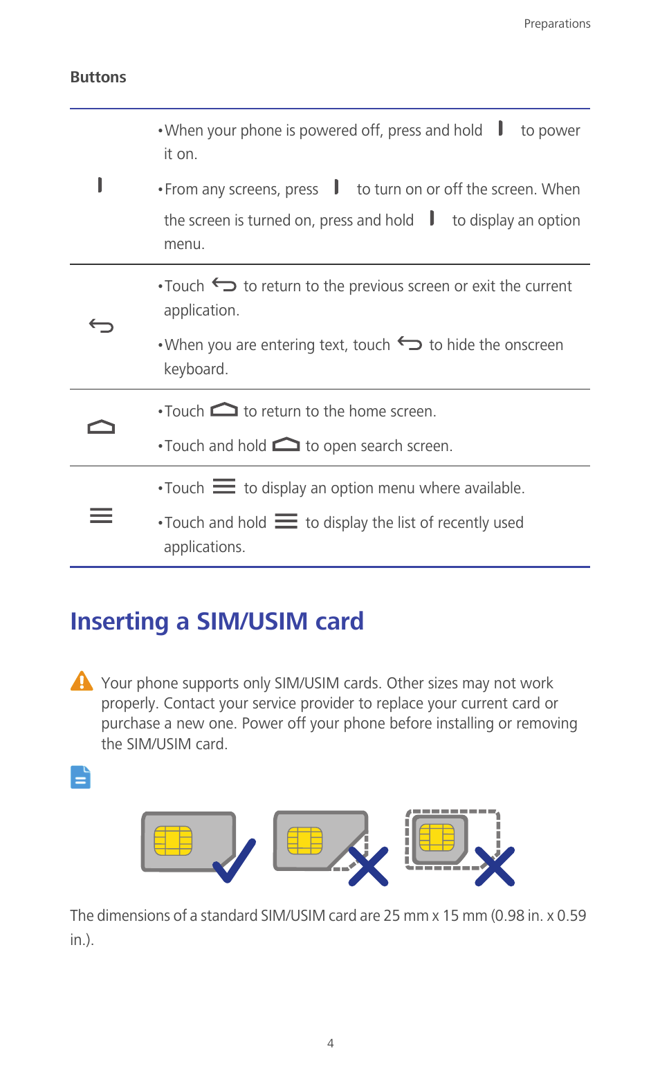 Inserting a sim/usim card | Huawei Ascend G610-U15 User Manual | Page 9 / 94