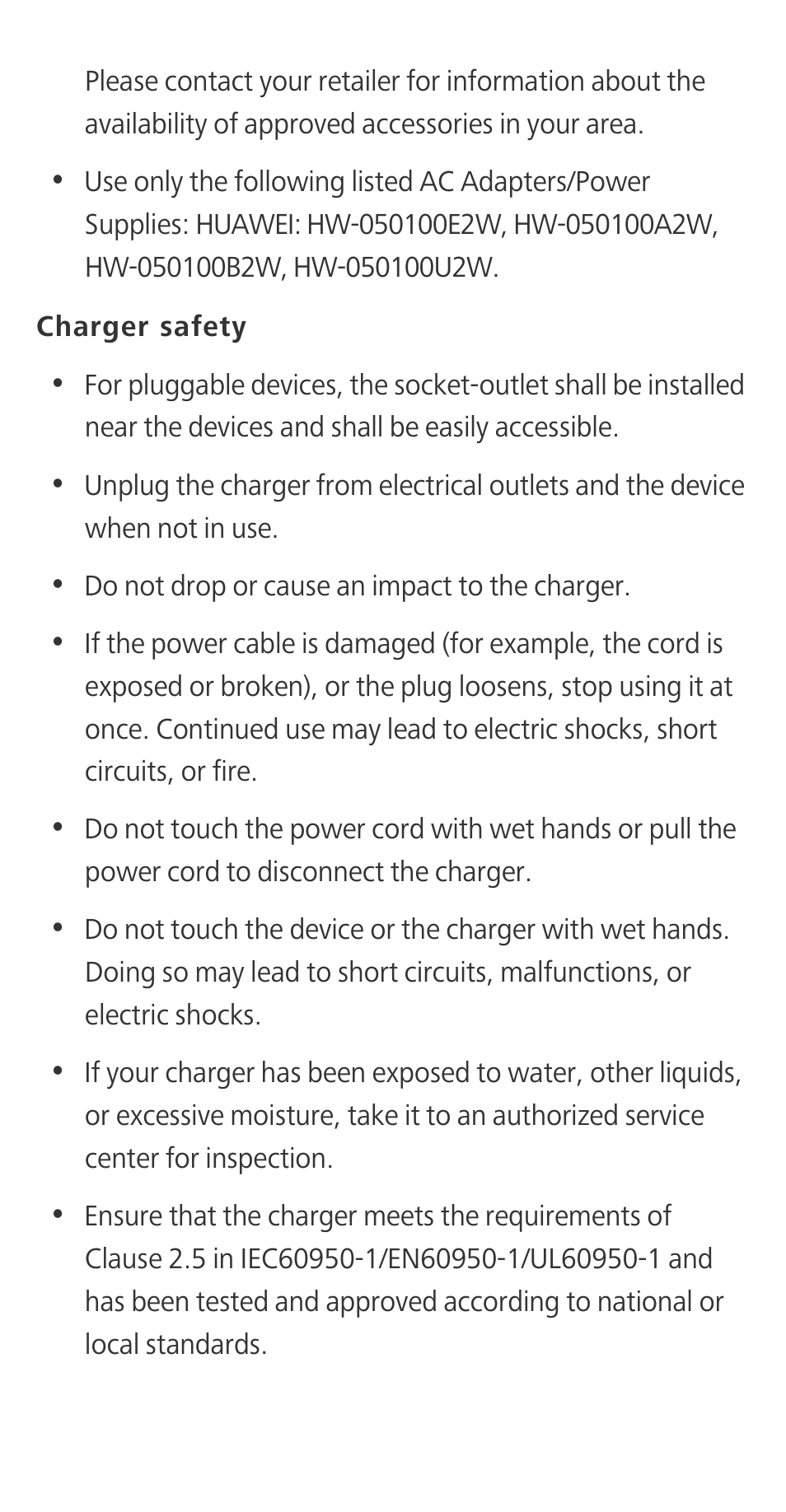 Charger safety | Huawei Ascend G620S Quick Start User Manual | Page 15 / 27