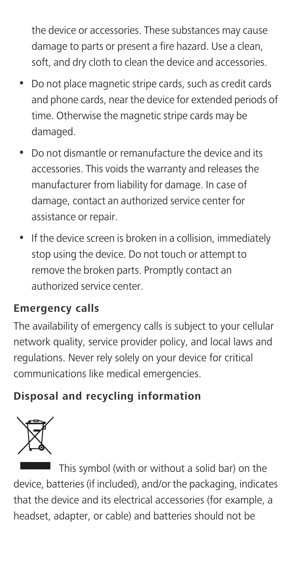 Emergency calls, Disposal and recycling information | Huawei Ascend G620S Quick Start User Manual | Page 18 / 27