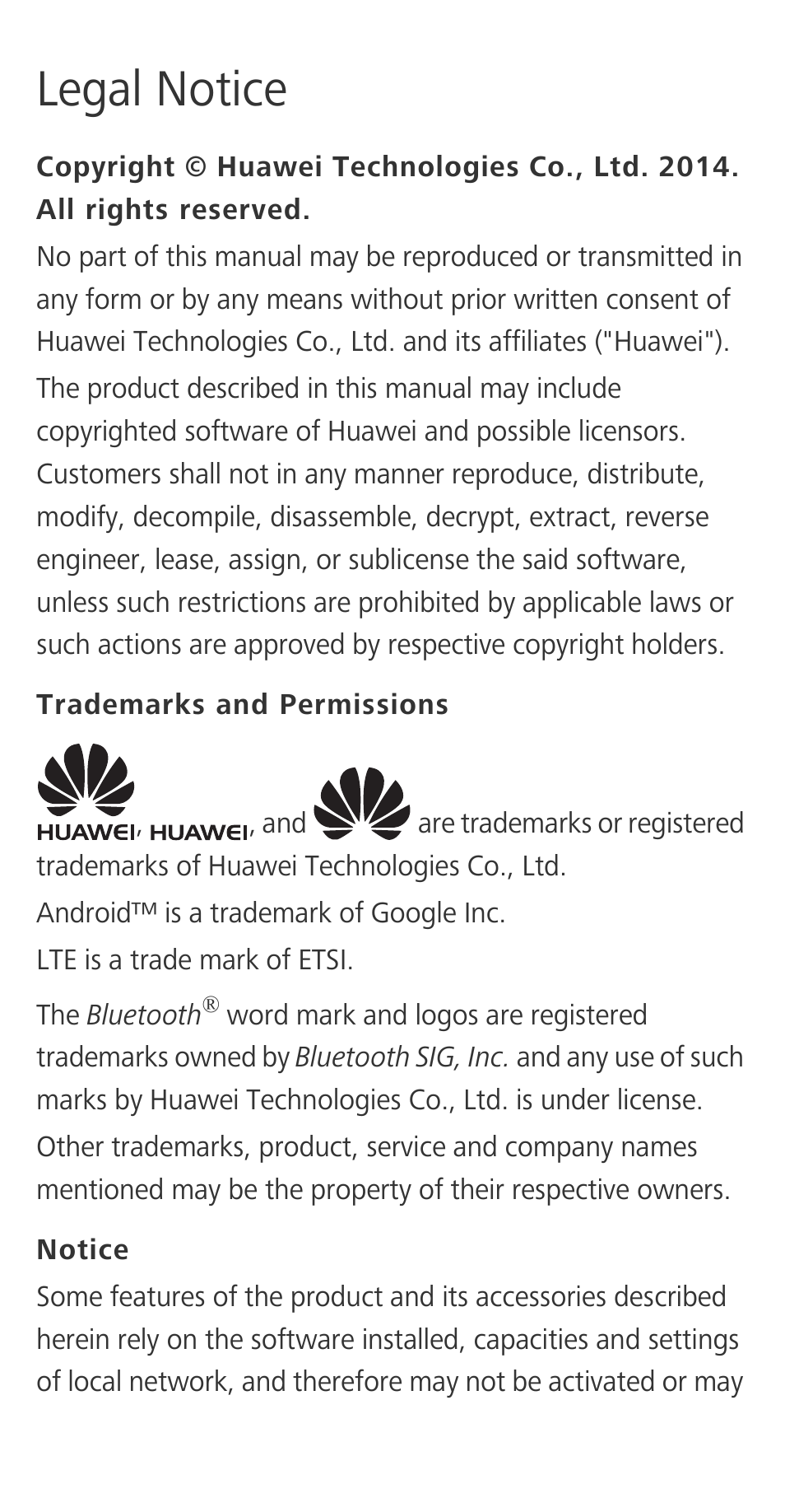 Legal notice, Trademarks and permissions, Notice | Huawei Ascend G620S Quick Start User Manual | Page 23 / 27