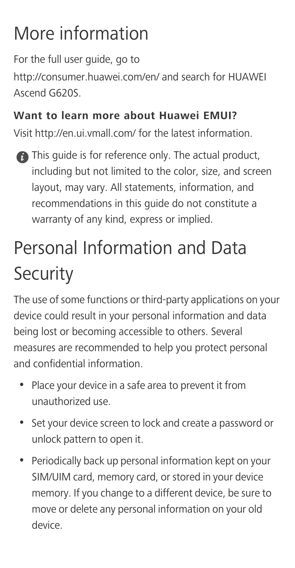 More information, Want to learn more about huawei emui, Personal information and data security | Huawei Ascend G620S Quick Start User Manual | Page 9 / 27