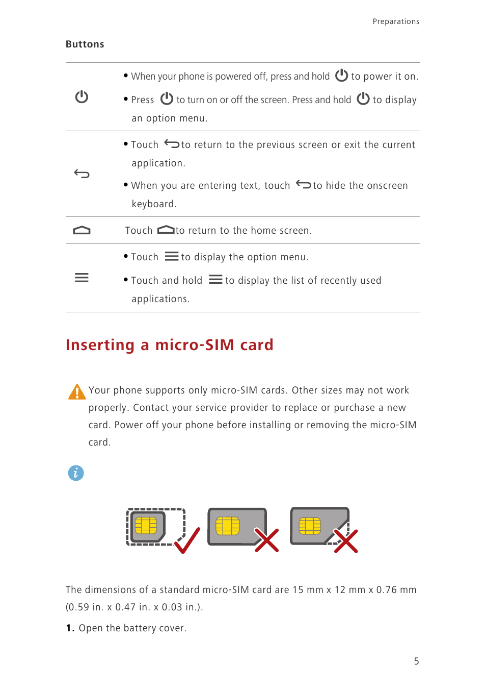 Inserting a micro-sim card | Huawei Ascend G620 User Manual | Page 10 / 99