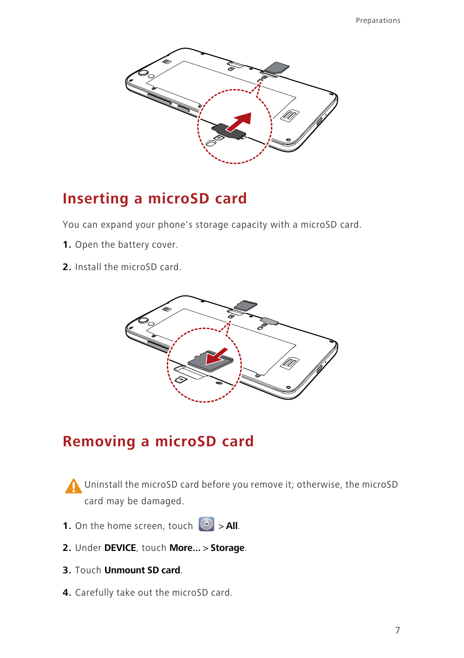 Inserting a microsd card, Removing a microsd card | Huawei Ascend G620 User Manual | Page 12 / 99