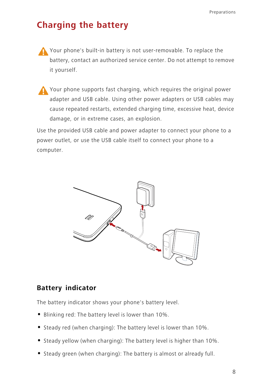 Charging the battery, Battery indicator | Huawei Ascend G620 User Manual | Page 13 / 99