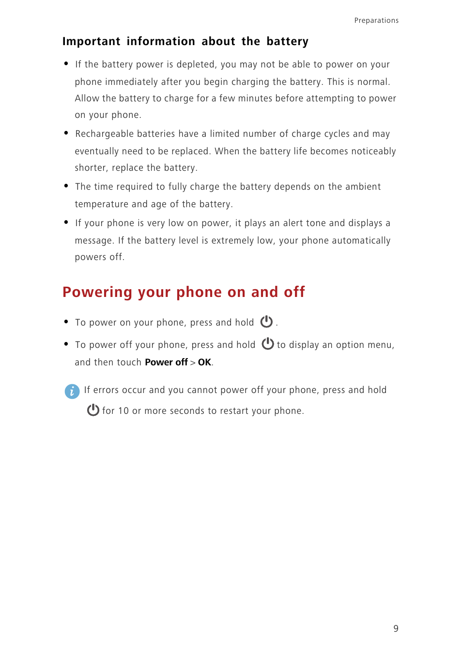 Important information about the battery, Powering your phone on and off | Huawei Ascend G620 User Manual | Page 14 / 99