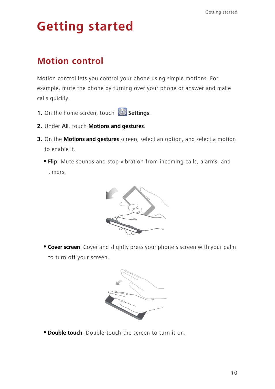 Getting started, Motion control | Huawei Ascend G620 User Manual | Page 15 / 99