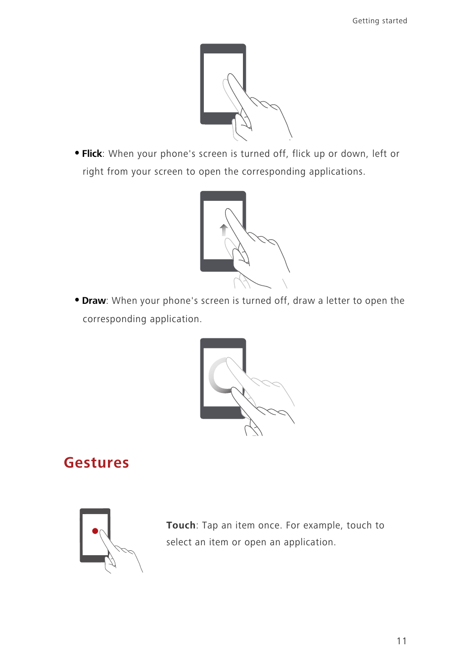 Gestures | Huawei Ascend G620 User Manual | Page 16 / 99