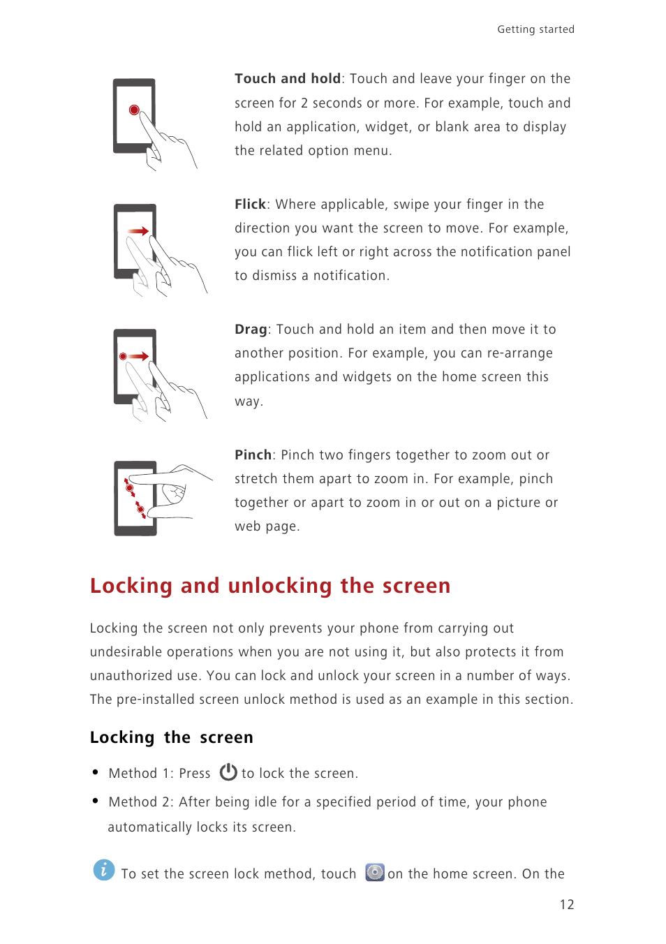 Locking and unlocking the screen, Locking the screen | Huawei Ascend G620 User Manual | Page 17 / 99