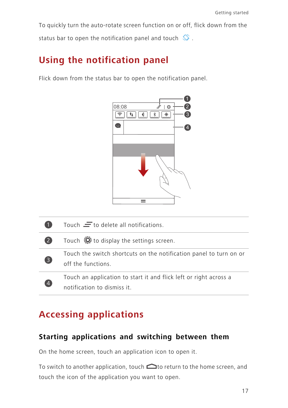 Using the notification panel, Accessing applications, Starting applications and switching between them | Huawei Ascend G620 User Manual | Page 22 / 99