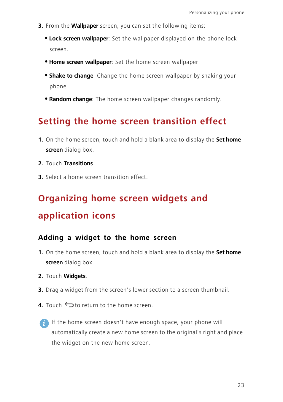 Setting the home screen transition effect, Adding a widget to the home screen | Huawei Ascend G620 User Manual | Page 28 / 99