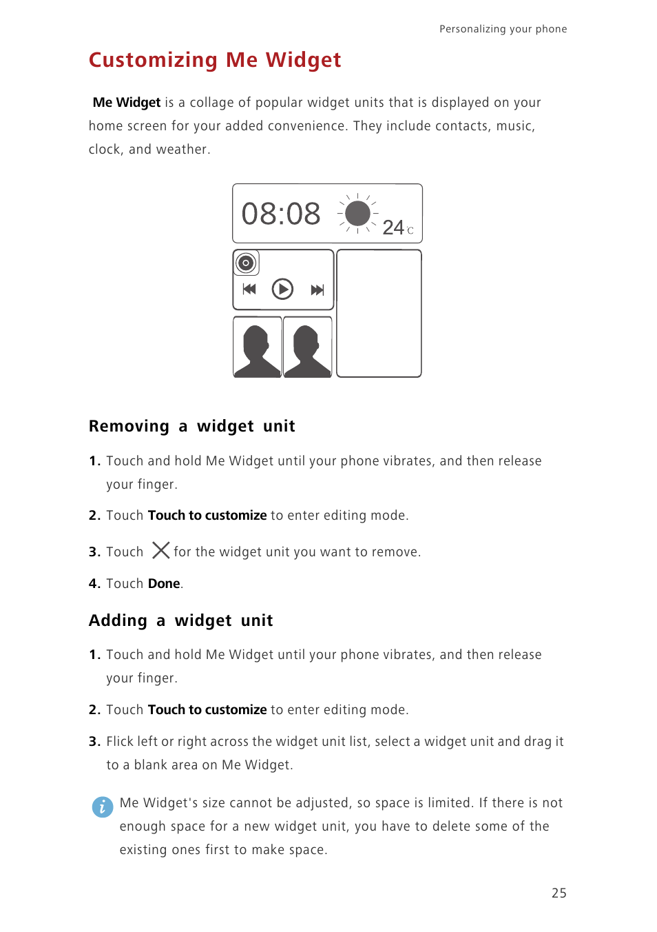 Customizing me widget, Removing a widget unit, Adding a widget unit | Huawei Ascend G620 User Manual | Page 30 / 99