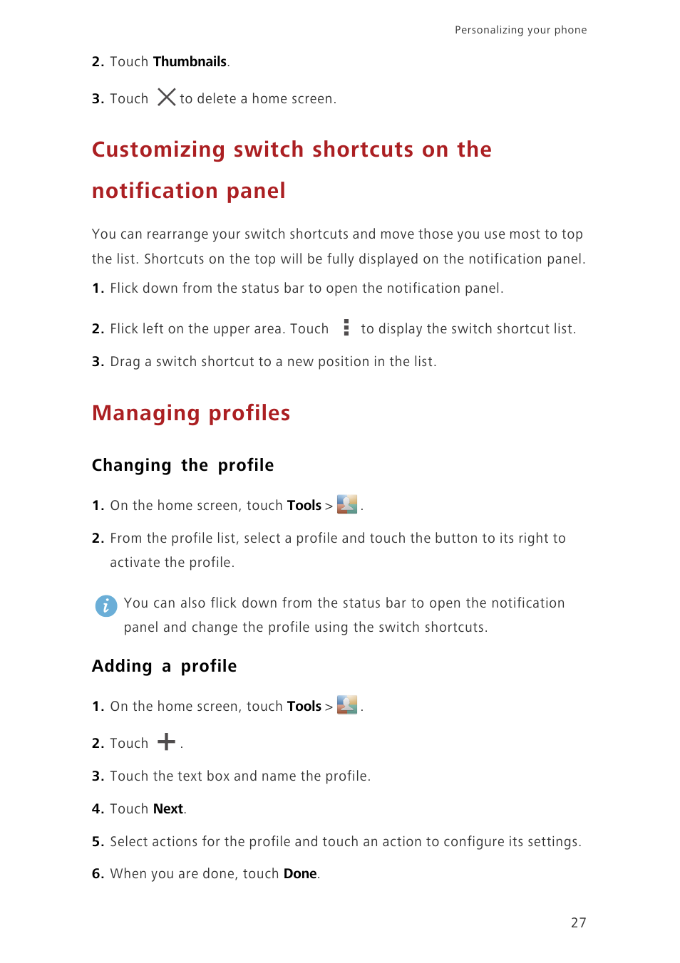 Managing profiles, Changing the profile, Adding a profile | Huawei Ascend G620 User Manual | Page 32 / 99