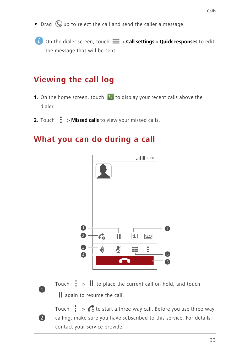 Viewing the call log, What you can do during a call | Huawei Ascend G620 User Manual | Page 38 / 99