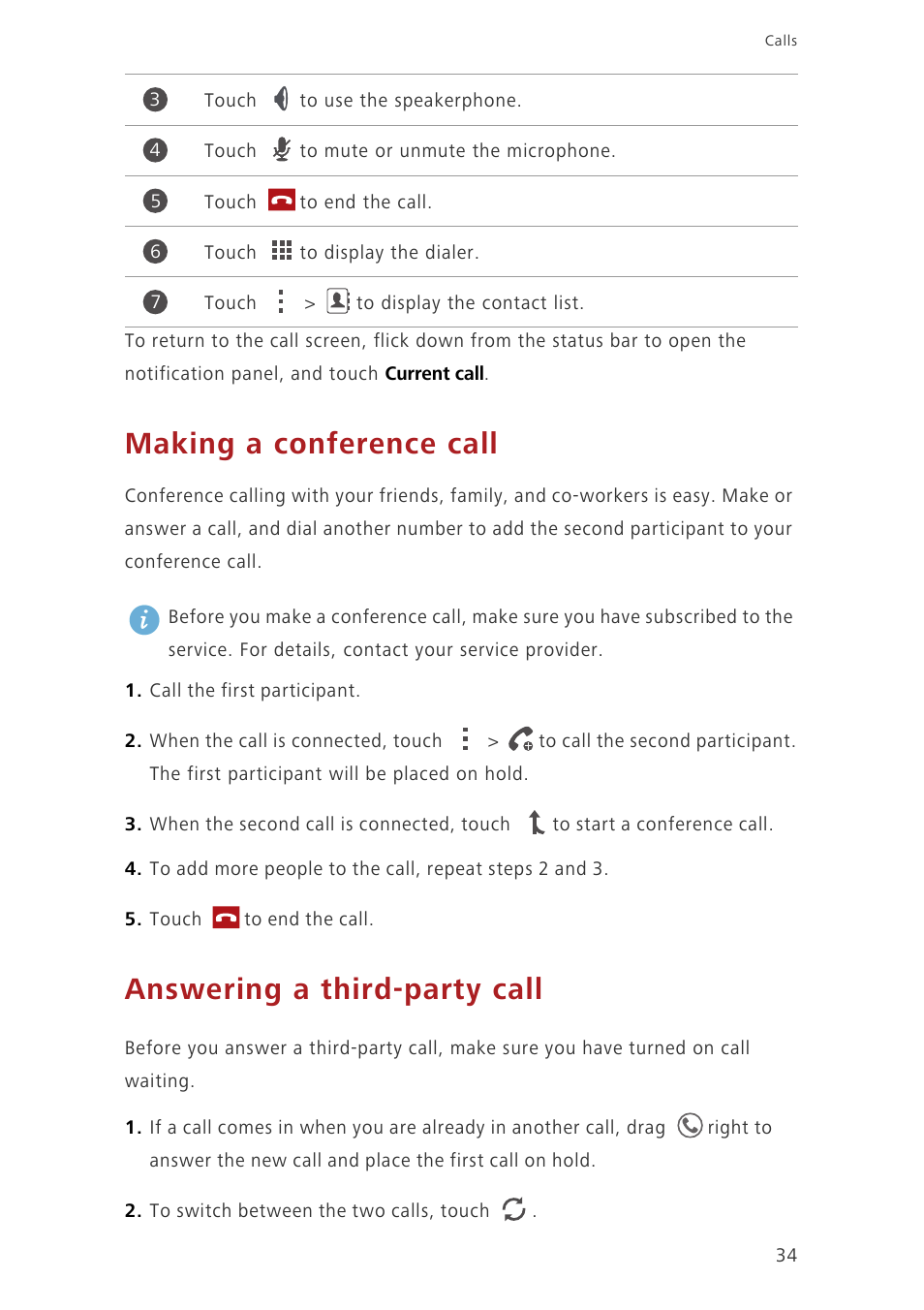 Making a conference call, Answering a third-party call | Huawei Ascend G620 User Manual | Page 39 / 99