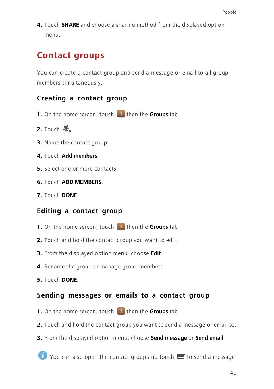 Contact groups, Creating a contact group, Editing a contact group | Sending messages or emails to a contact group | Huawei Ascend G620 User Manual | Page 45 / 99