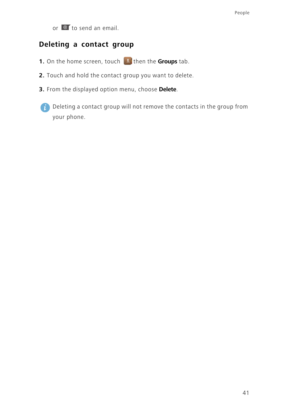 Deleting a contact group | Huawei Ascend G620 User Manual | Page 46 / 99