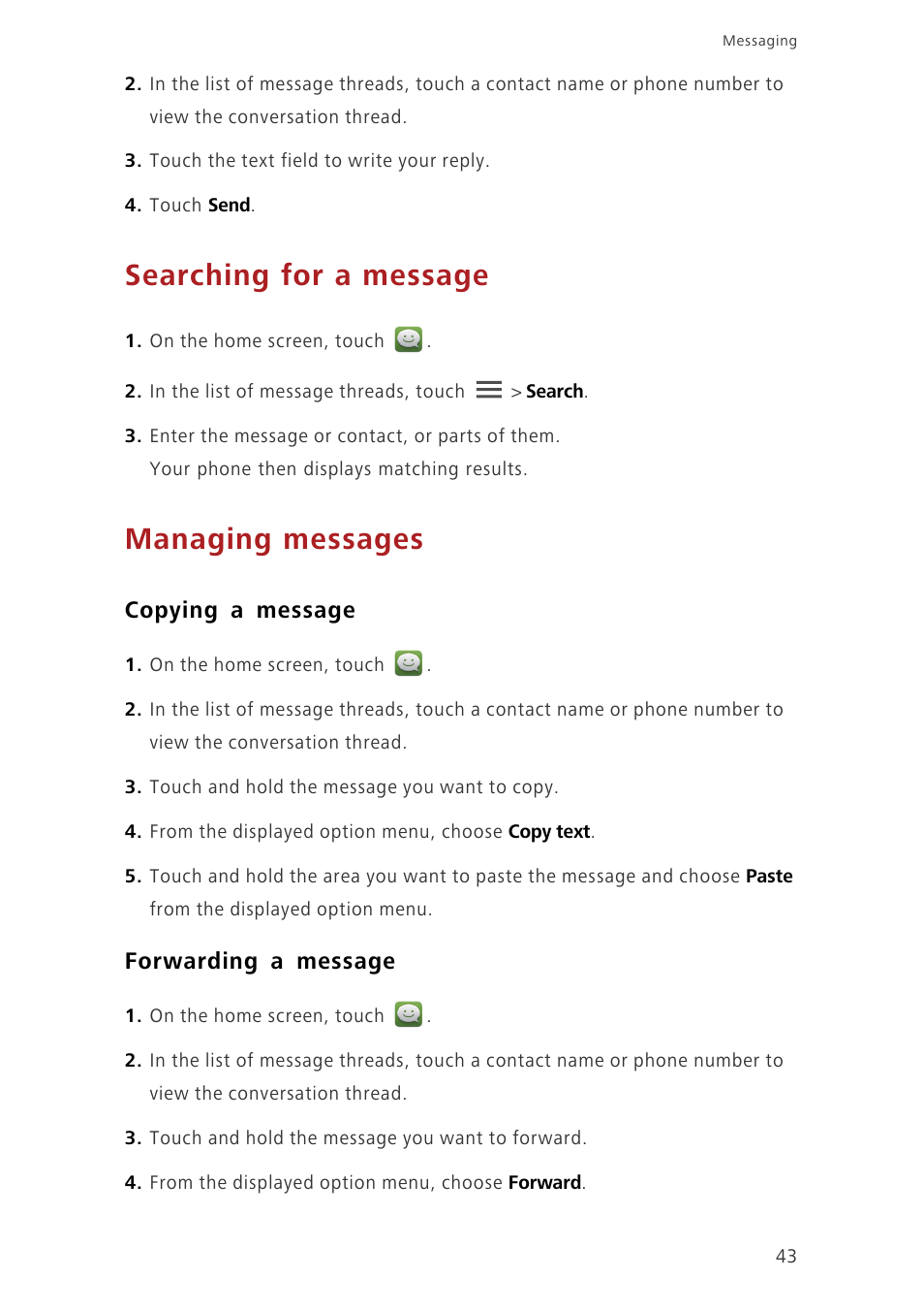 Searching for a message, Managing messages, Copying a message | Forwarding a message | Huawei Ascend G620 User Manual | Page 48 / 99