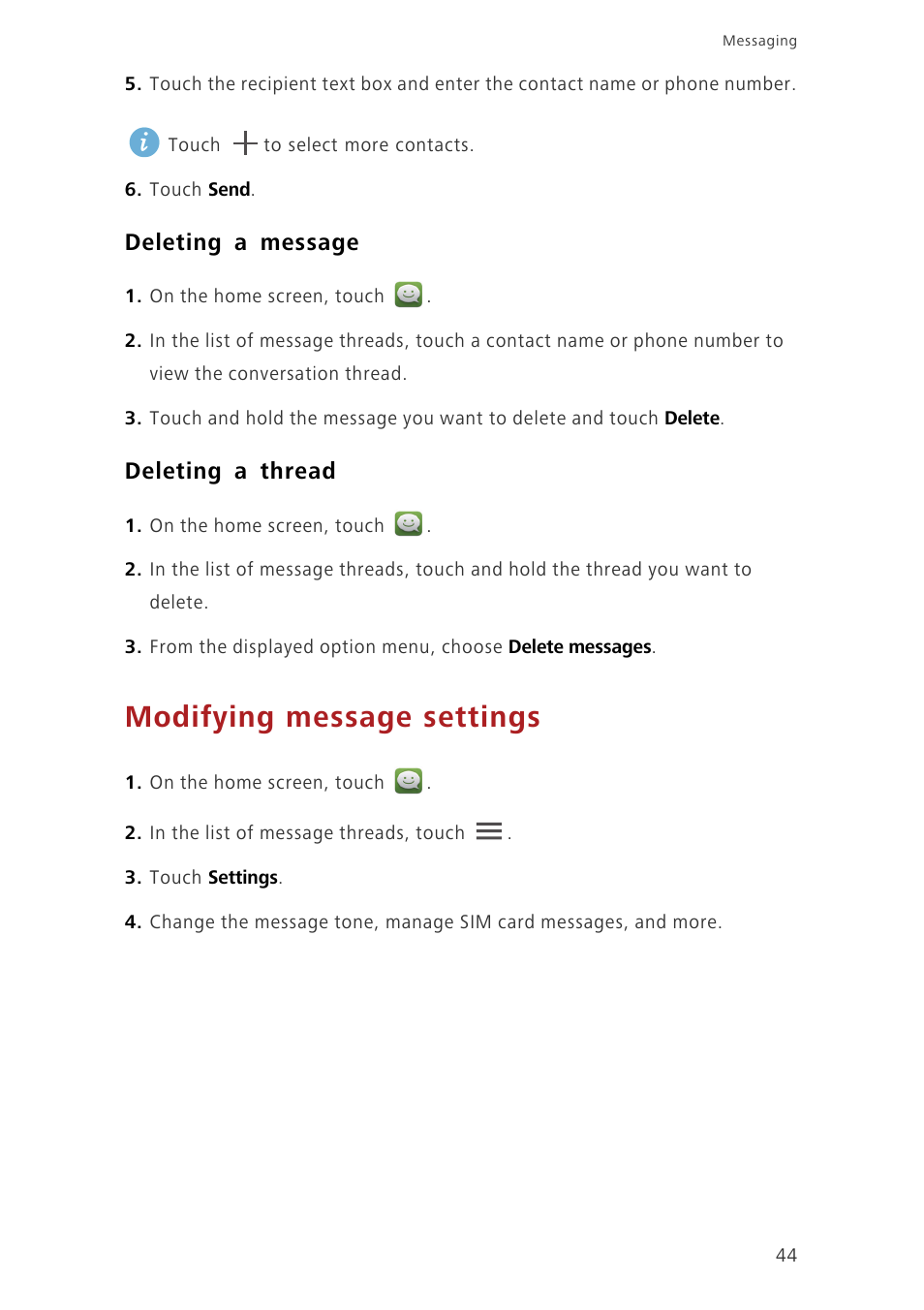 Deleting a message, Deleting a thread, Modifying message settings | Huawei Ascend G620 User Manual | Page 49 / 99