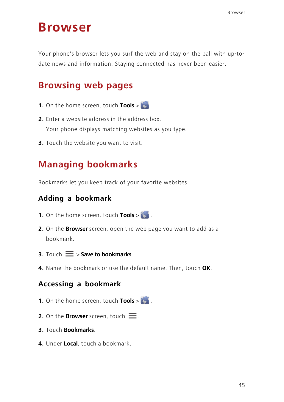 Browser, Managing bookmarks, Adding a bookmark | Accessing a bookmark, Browsing web pages | Huawei Ascend G620 User Manual | Page 50 / 99