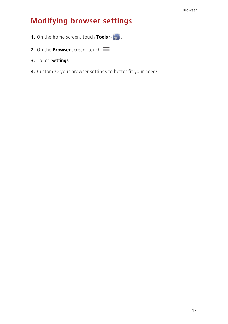 Modifying browser settings | Huawei Ascend G620 User Manual | Page 52 / 99