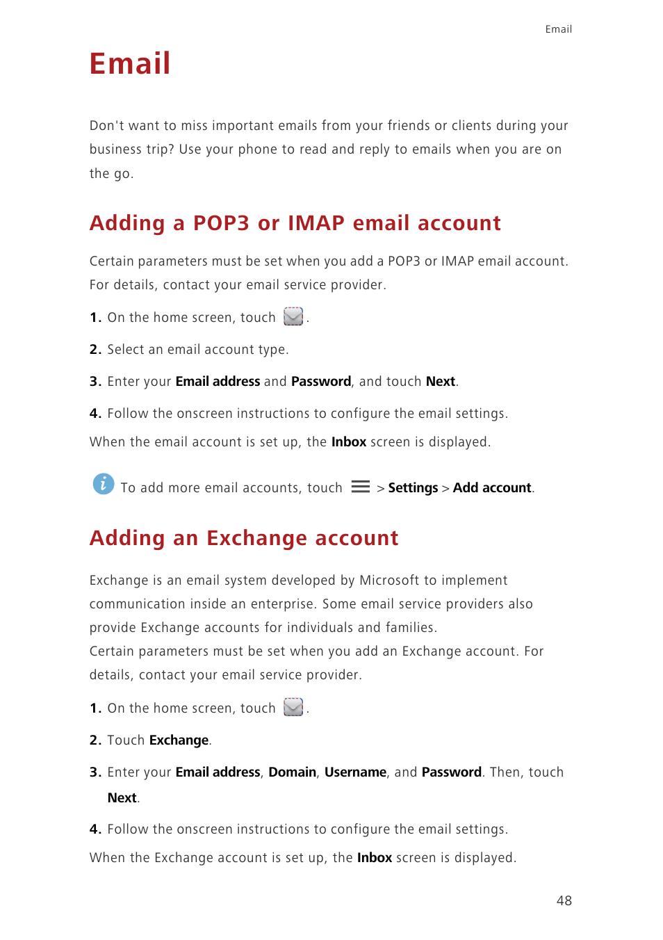 Email, Adding a pop3 or imap email account, Adding an exchange account | Huawei Ascend G620 User Manual | Page 53 / 99