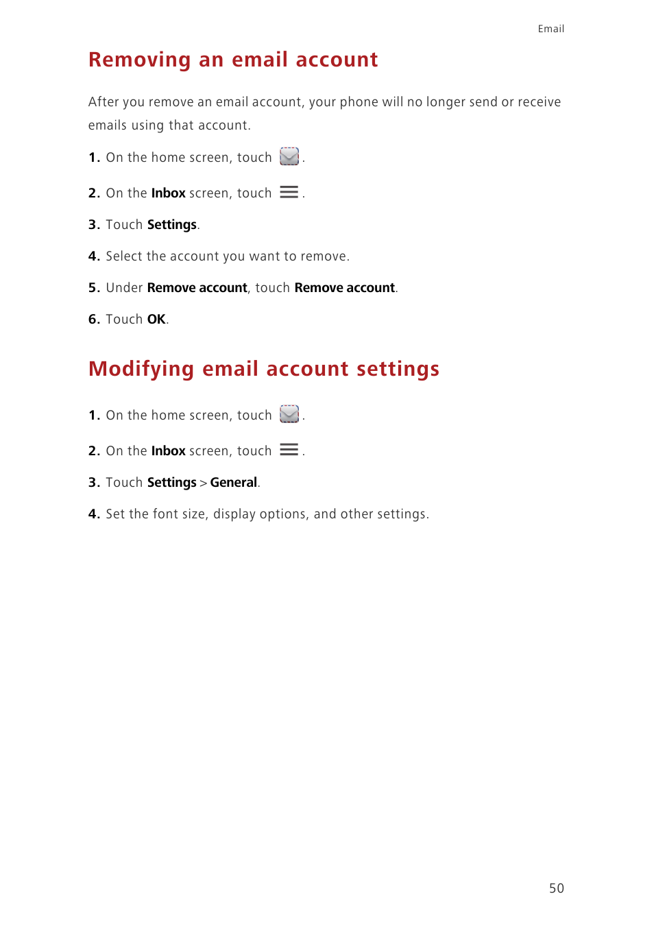 Removing an email account, Modifying email account settings | Huawei Ascend G620 User Manual | Page 55 / 99