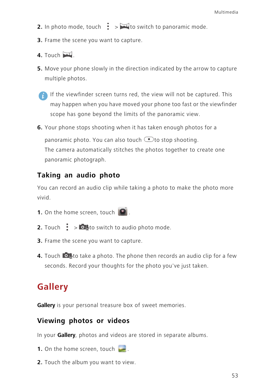 Taking an audio photo, Gallery, Viewing photos or videos | Huawei Ascend G620 User Manual | Page 58 / 99