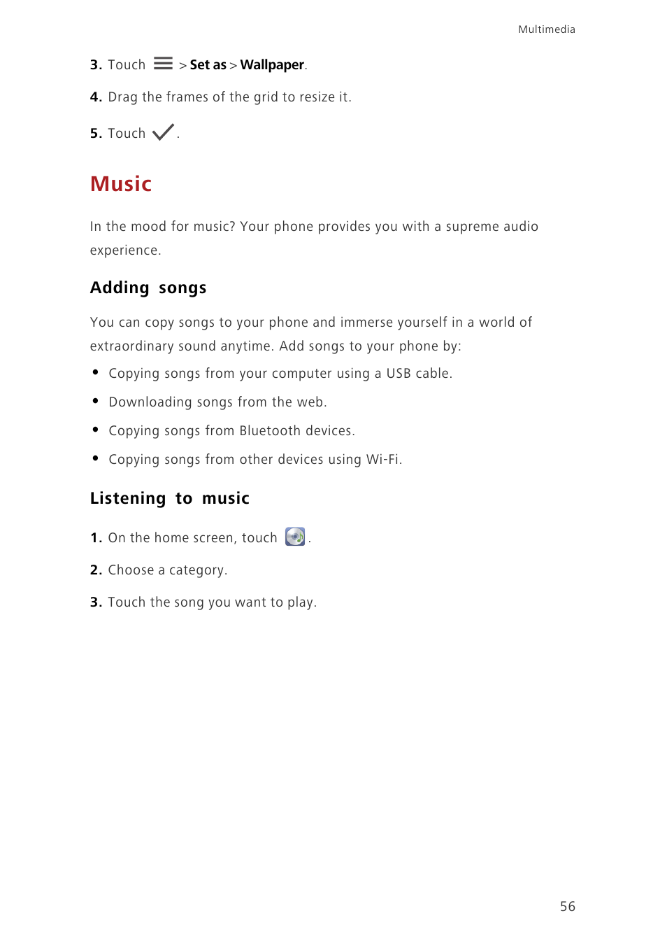 Music, Adding songs, Listening to music | Huawei Ascend G620 User Manual | Page 61 / 99