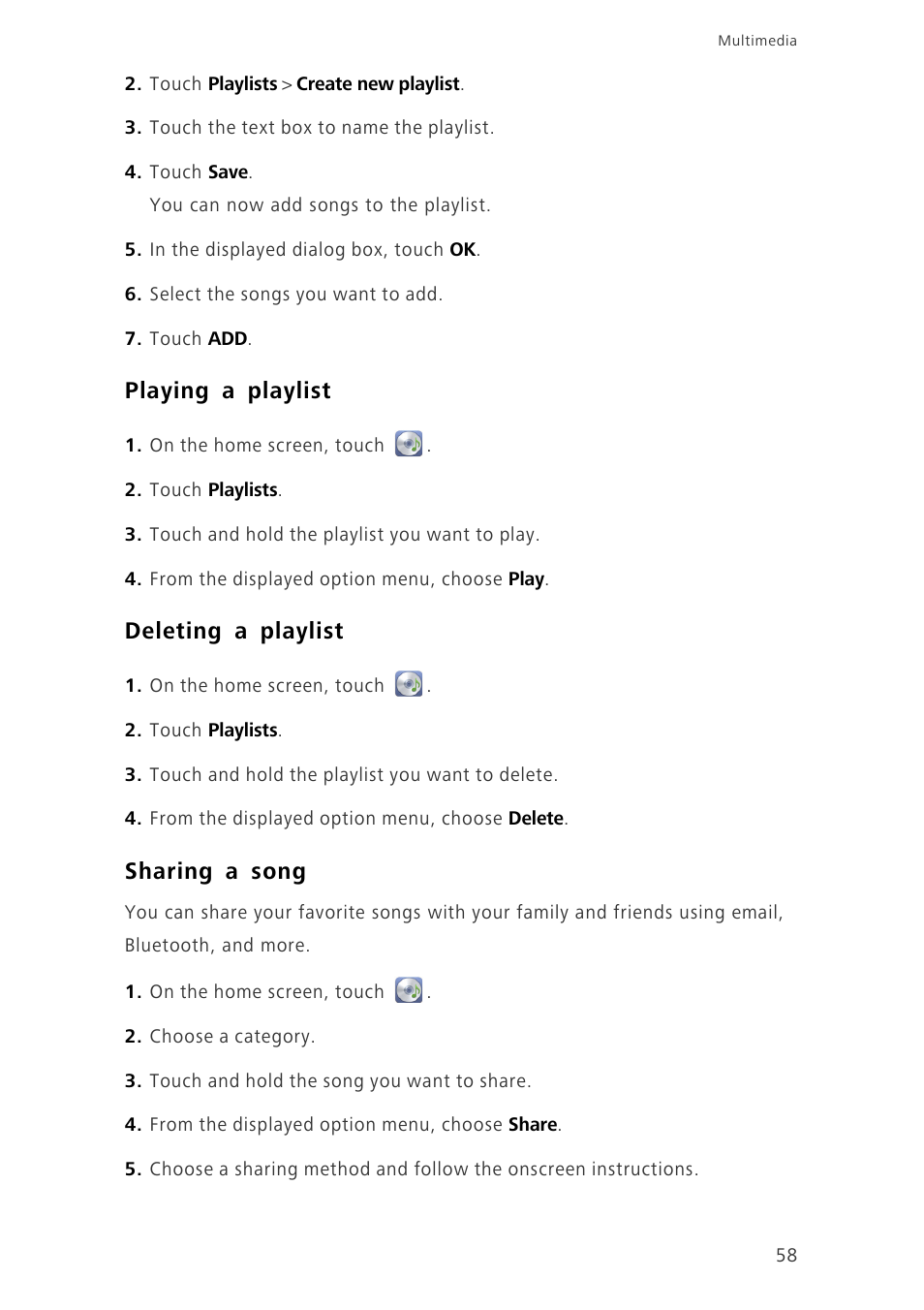 Playing a playlist, Deleting a playlist, Sharing a song | Huawei Ascend G620 User Manual | Page 63 / 99