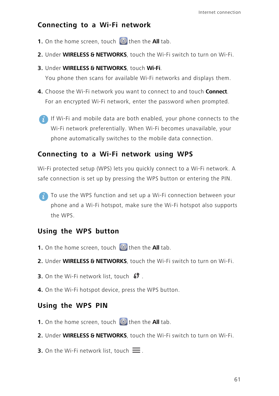 Connecting to a wi-fi network, Connecting to a wi-fi network using wps, Using the wps button | Using the wps pin | Huawei Ascend G620 User Manual | Page 66 / 99