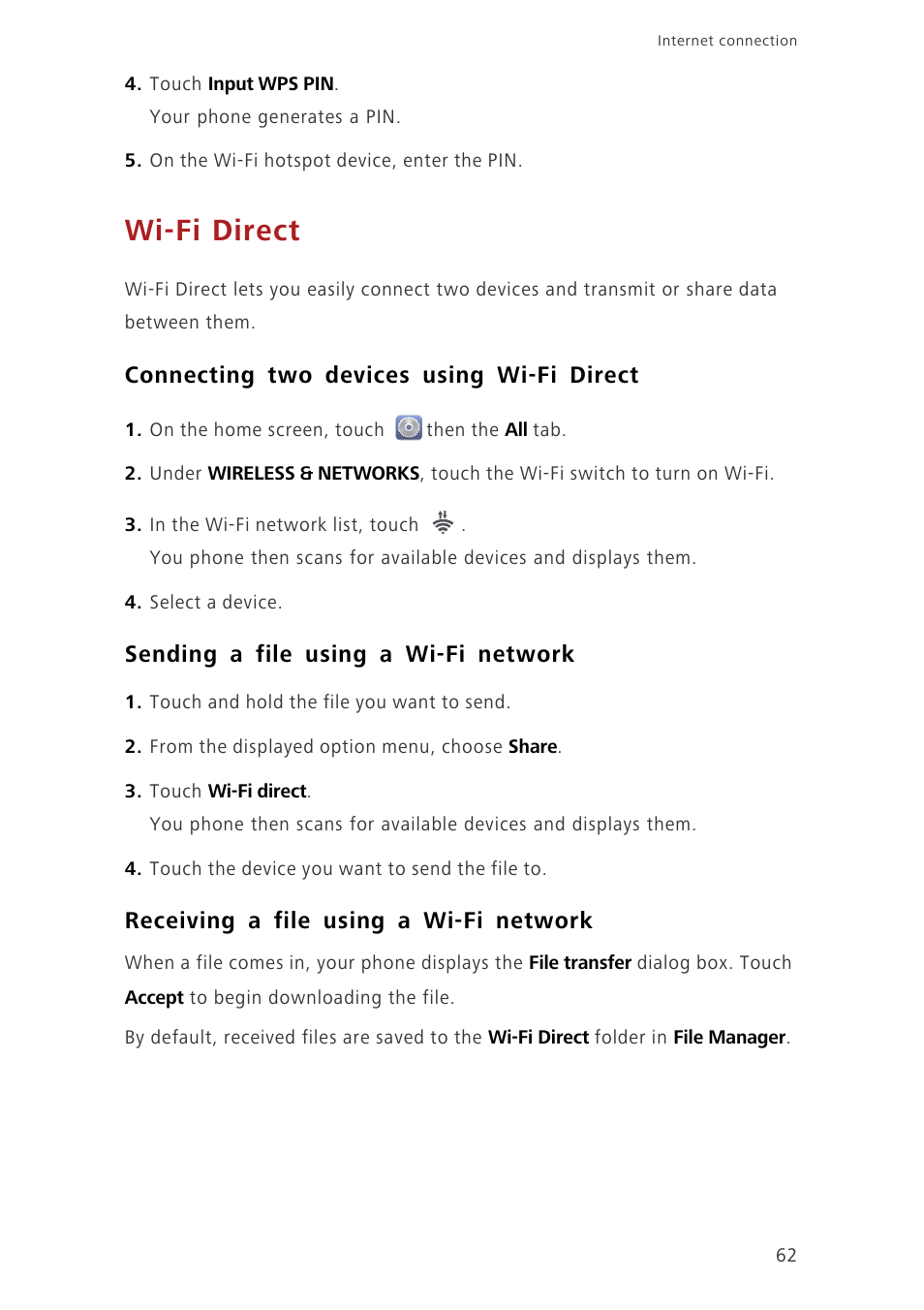 Wi-fi direct, Connecting two devices using wi-fi direct, Sending a file using a wi-fi network | Receiving a file using a wi-fi network | Huawei Ascend G620 User Manual | Page 67 / 99