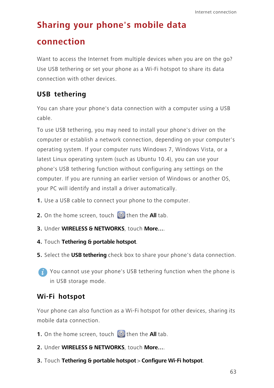 Sharing your phone's mobile data connection, Usb tethering, Wi-fi hotspot | Huawei Ascend G620 User Manual | Page 68 / 99