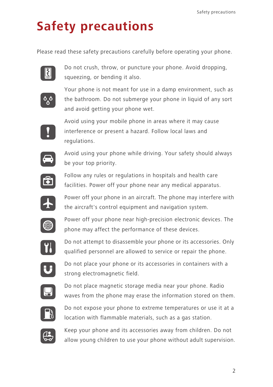 Safety precautions | Huawei Ascend G620 User Manual | Page 7 / 99