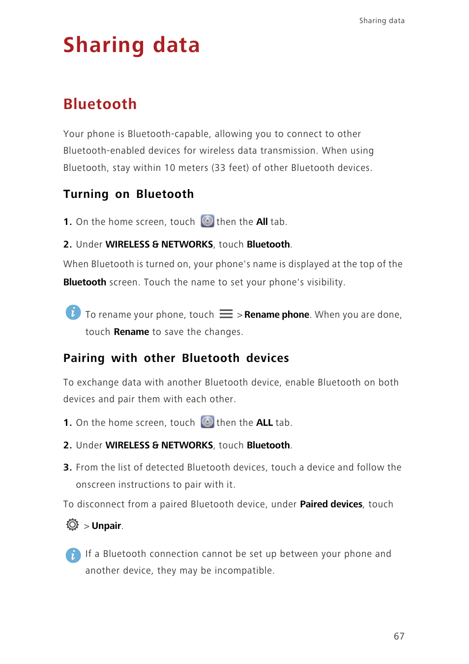 Sharing data, Bluetooth, Turning on bluetooth | Pairing with other bluetooth devices | Huawei Ascend G620 User Manual | Page 72 / 99
