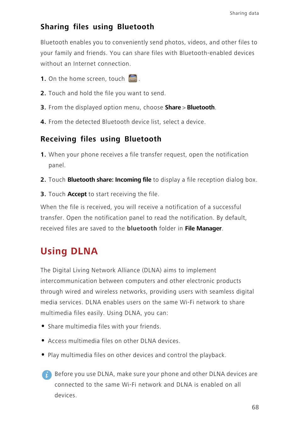 Sharing files using bluetooth, Receiving files using bluetooth, Using dlna | Huawei Ascend G620 User Manual | Page 73 / 99