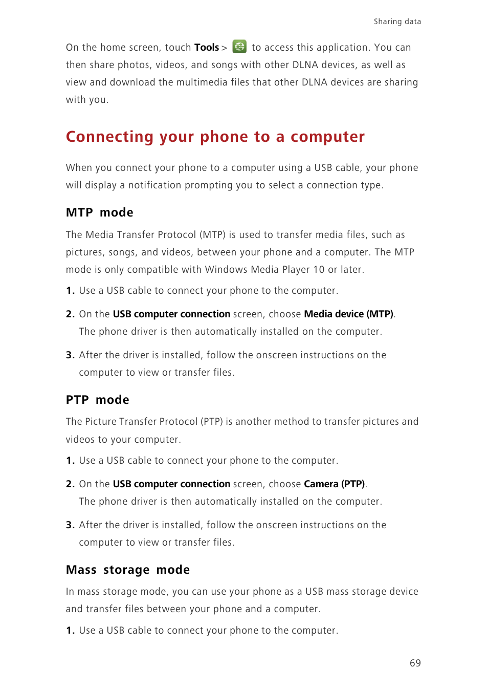 Connecting your phone to a computer, Mtp mode, Ptp mode | Mass storage mode | Huawei Ascend G620 User Manual | Page 74 / 99