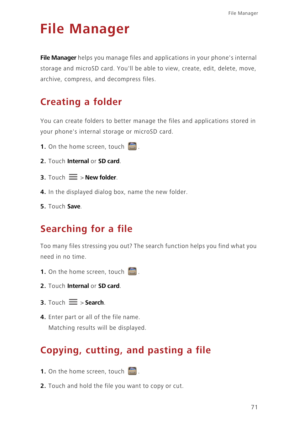 File manager, Creating a folder, Searching for a file | Copying, cutting, and pasting a file | Huawei Ascend G620 User Manual | Page 76 / 99