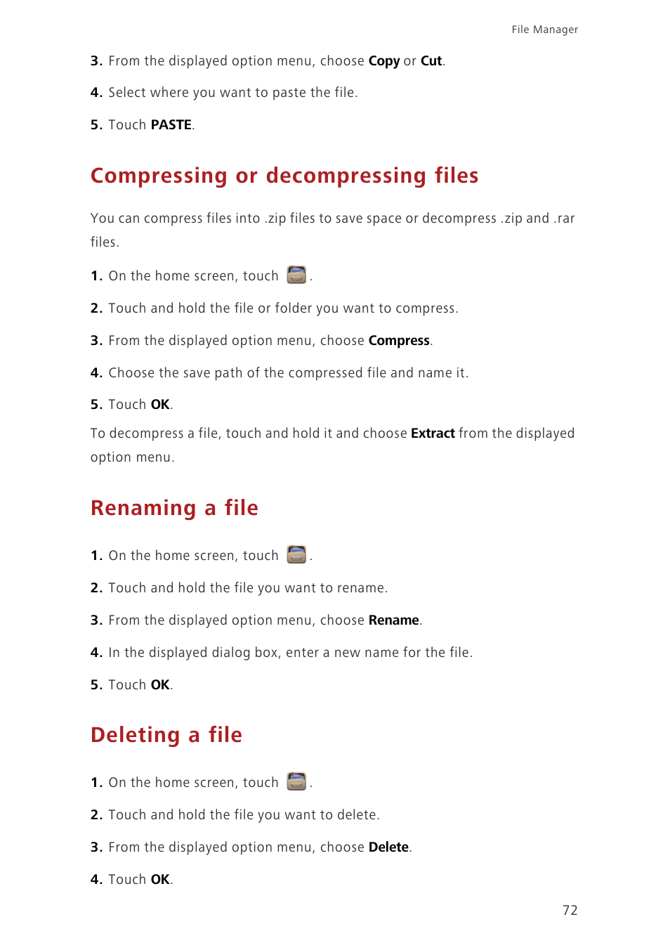 Compressing or decompressing files, Renaming a file, Deleting a file | Huawei Ascend G620 User Manual | Page 77 / 99