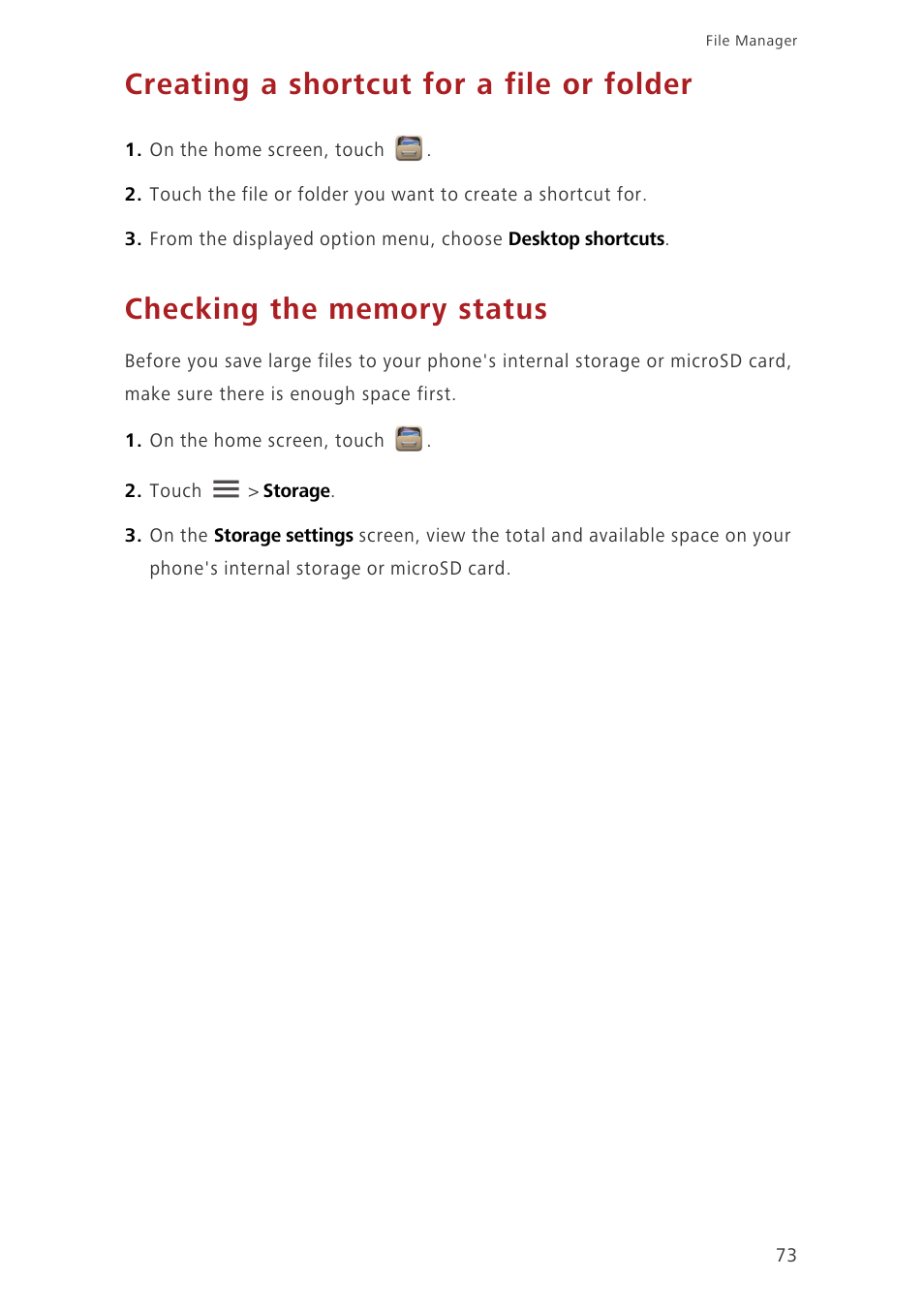 Creating a shortcut for a file or folder, Checking the memory status | Huawei Ascend G620 User Manual | Page 78 / 99