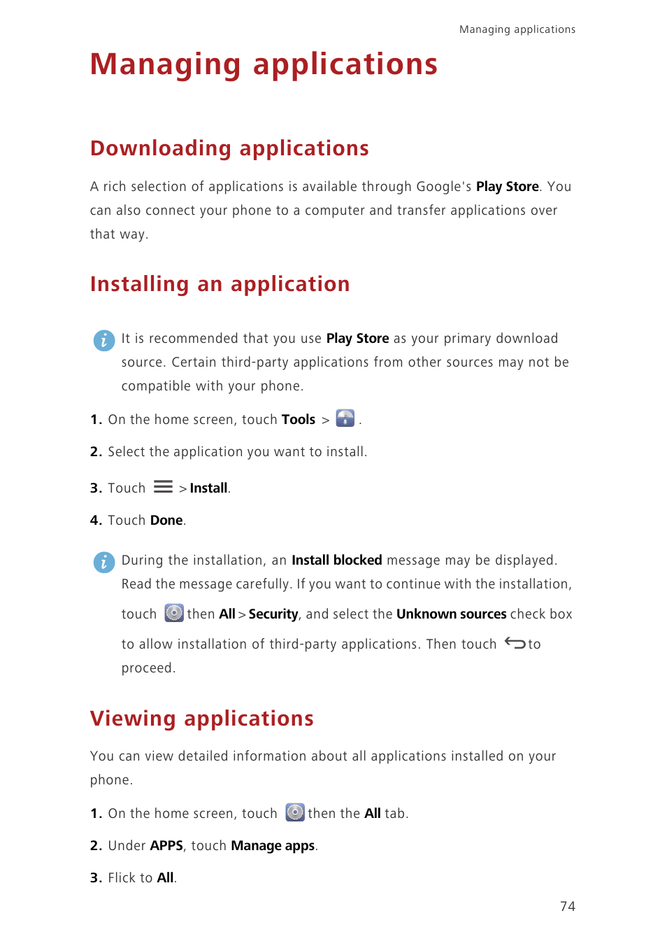 Managing applications, Downloading applications, Installing an application | Viewing applications | Huawei Ascend G620 User Manual | Page 79 / 99