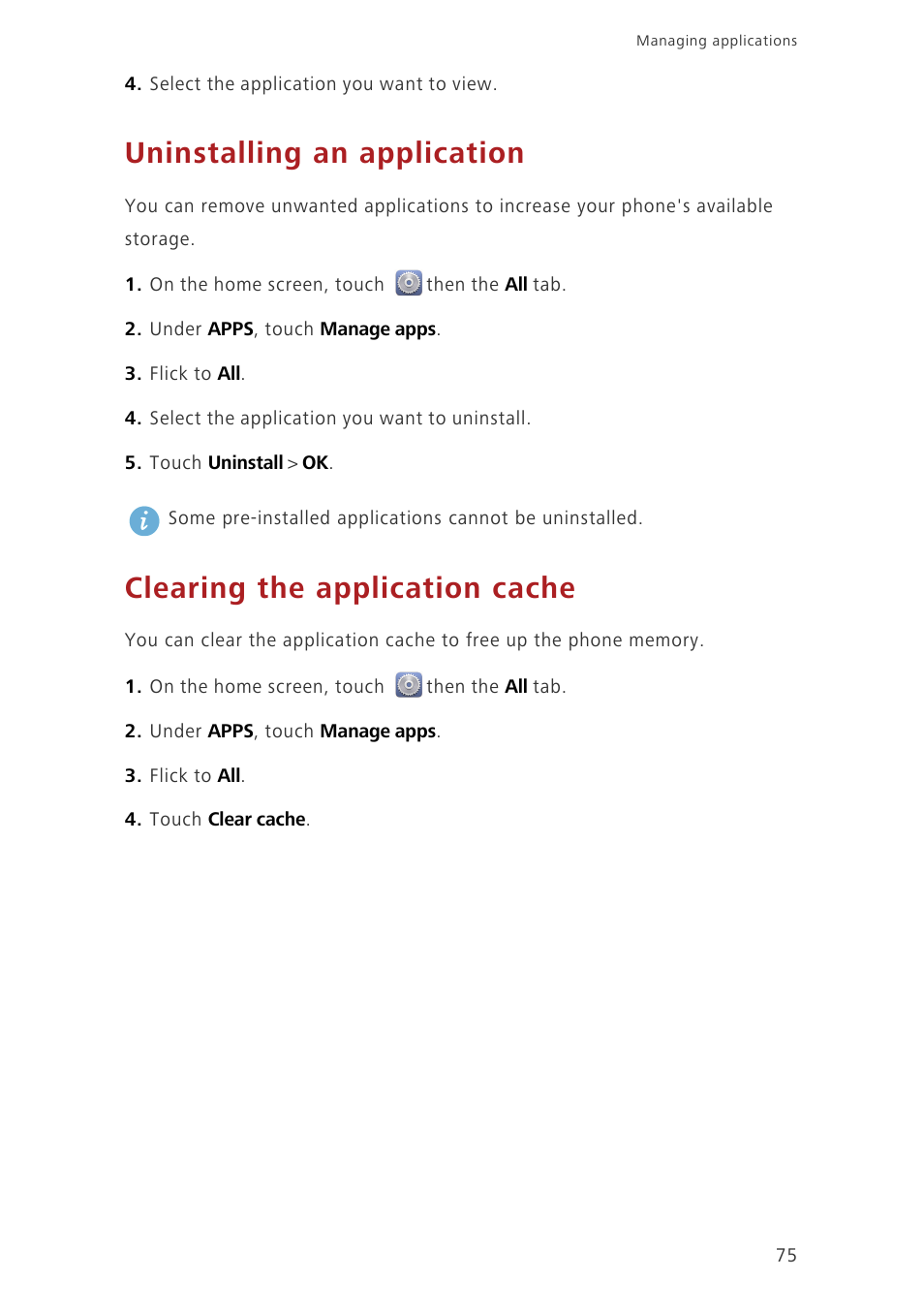 Uninstalling an application, Clearing the application cache | Huawei Ascend G620 User Manual | Page 80 / 99