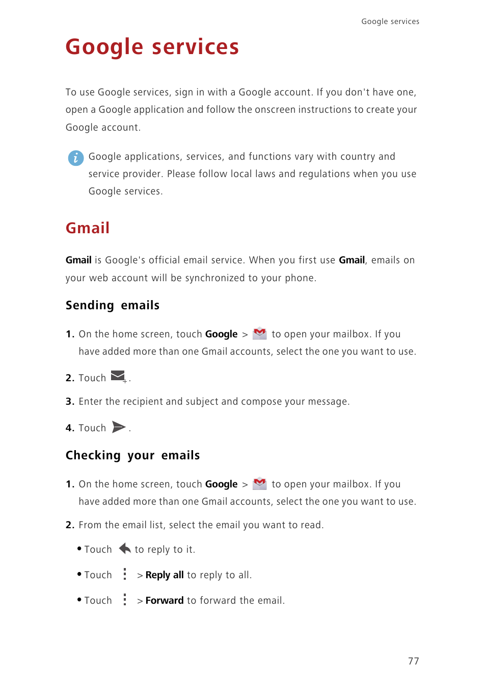 Google services, Gmail, Sending emails | Checking your emails | Huawei Ascend G620 User Manual | Page 82 / 99