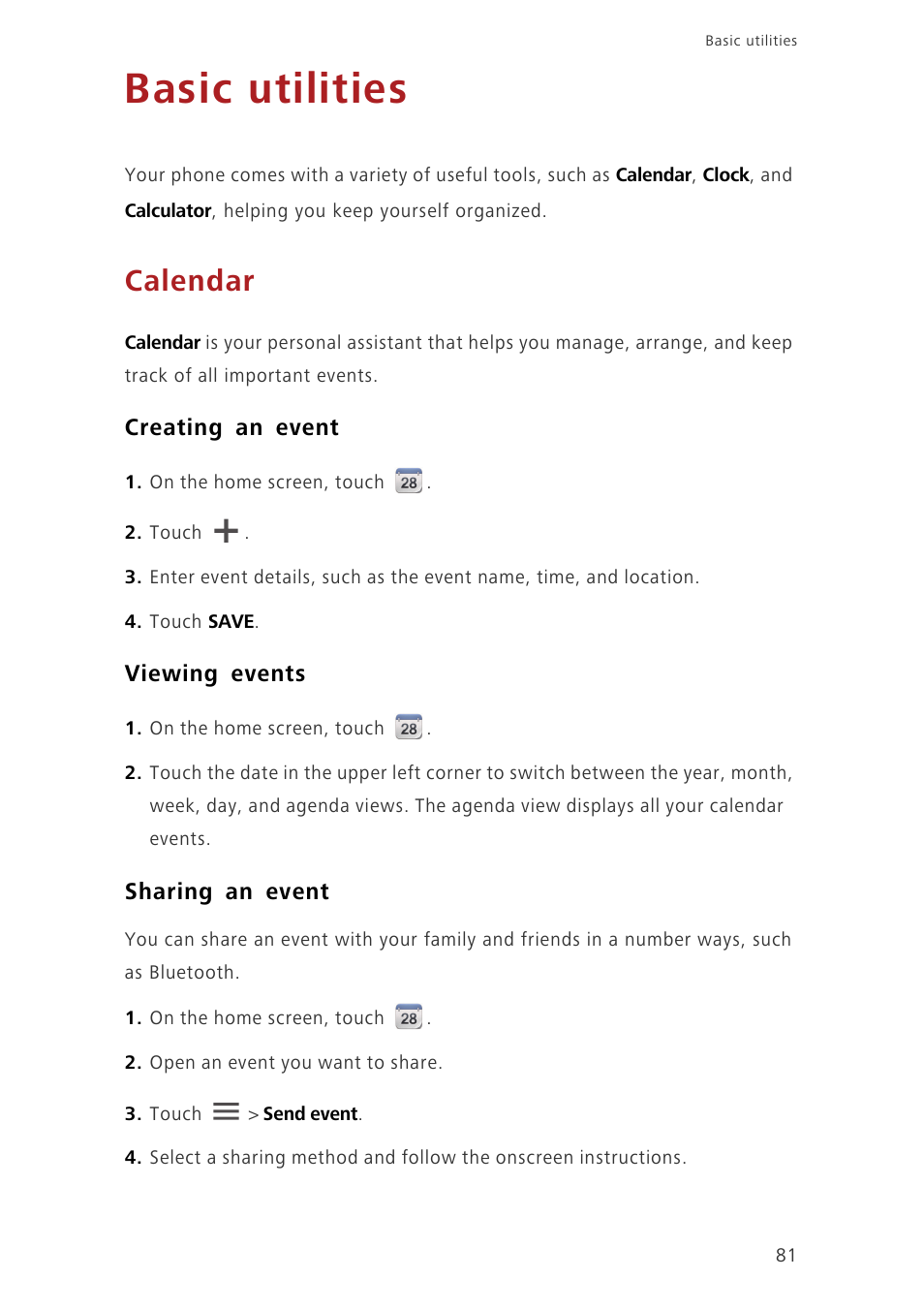Basic utilities, Calendar, Creating an event | Viewing events, Sharing an event | Huawei Ascend G620 User Manual | Page 86 / 99