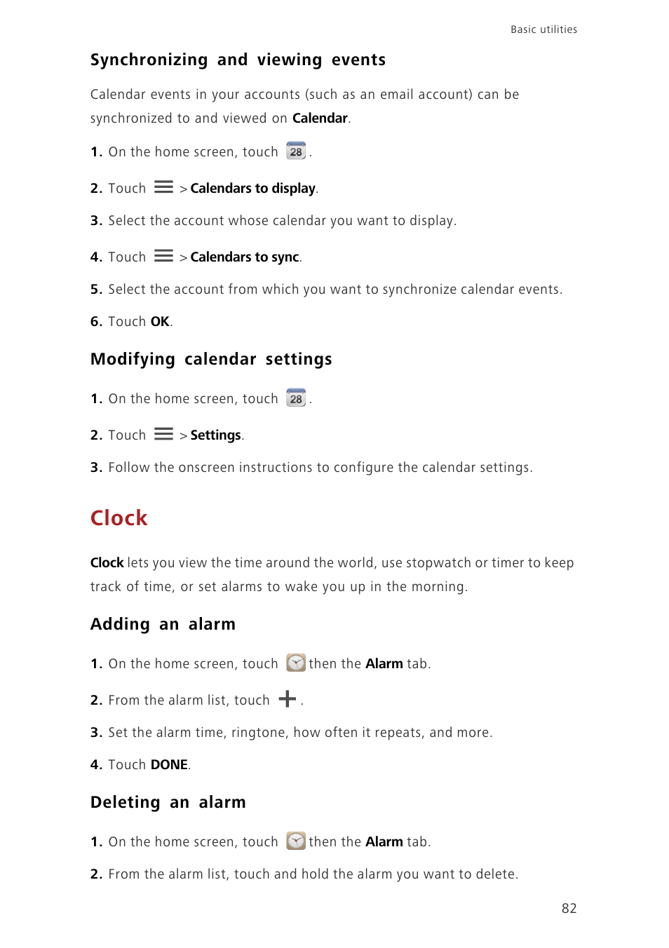 Synchronizing and viewing events, Modifying calendar settings, Clock | Adding an alarm, Deleting an alarm | Huawei Ascend G620 User Manual | Page 87 / 99